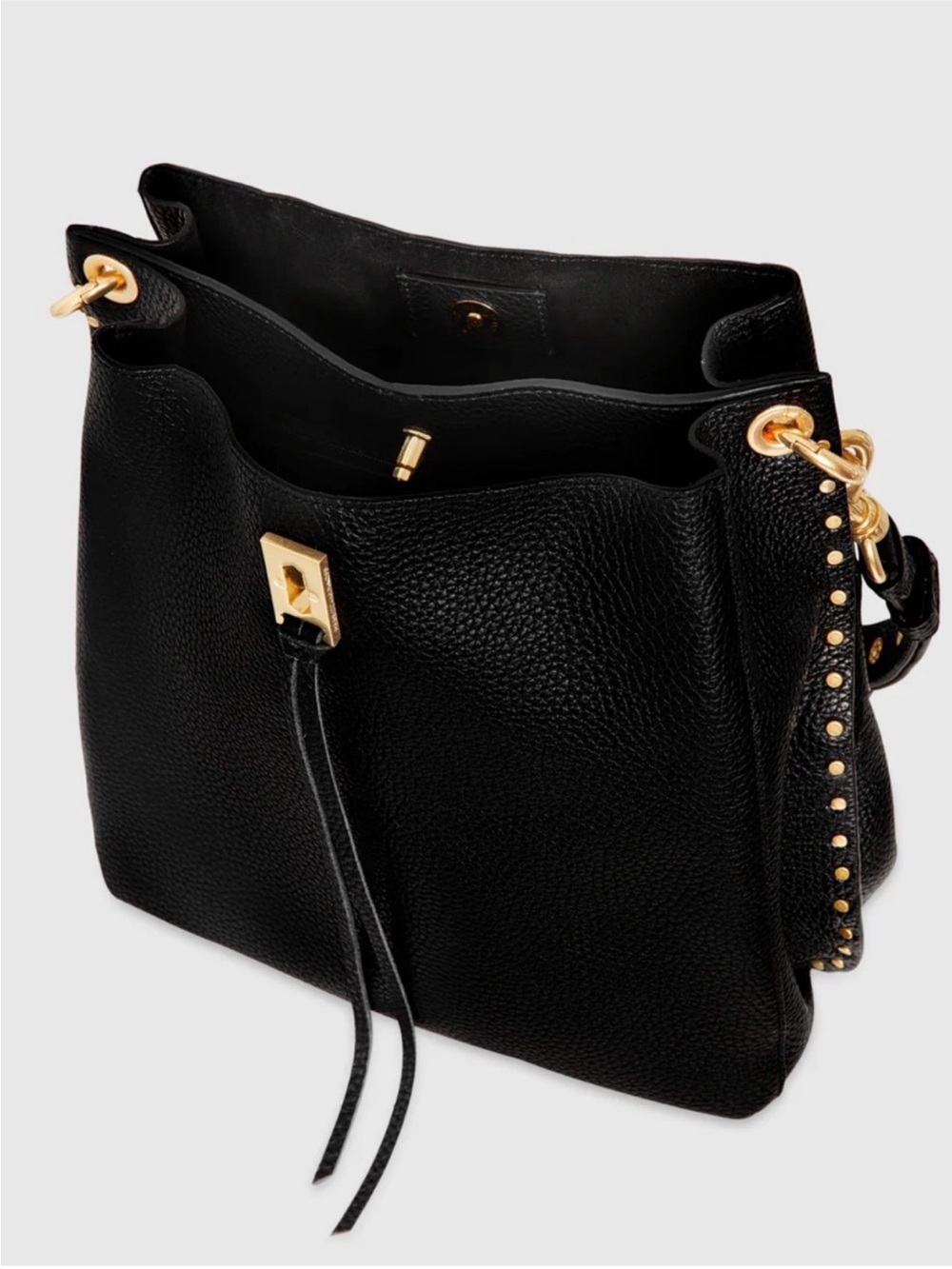 Rebecca Minkoff Black Leather Bucket Shoulder Bag with Brass Stud Accents